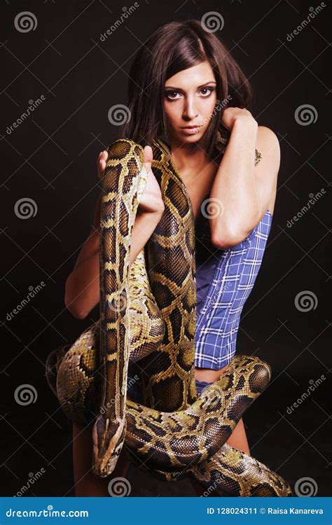 Brunette Holding Python Stock Image Image Of Abstract 128024311