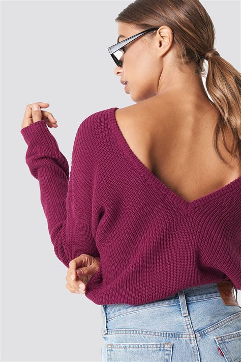 Knitted Deep V Neck Sweater Purple Na Kd