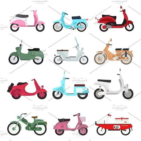 Different Types Of Scooters And Mopeds Are Shown In This Flat Style