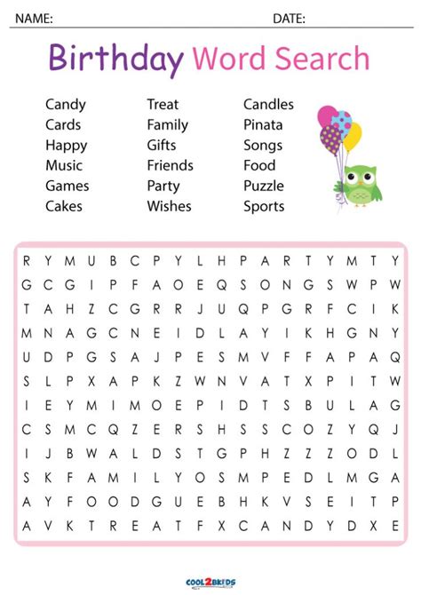 Birthday Word Search Printable