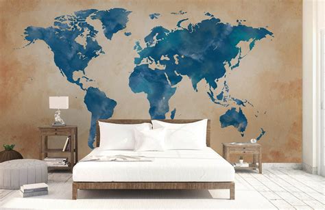 Vintage Blue Watercolor World Map Mural Wallpaper Ever Wallpaper Uk