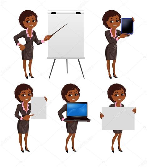 Cartoon African American Business Woman Presentation Set 2 Stock Vector