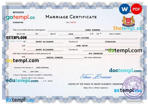 Singapore Marriage Certificate Word And Pdf Template Fully Editable