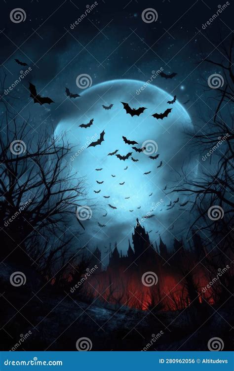 Bats Flying in Front of a Full Moon in Night Sky Stock Illustration ...