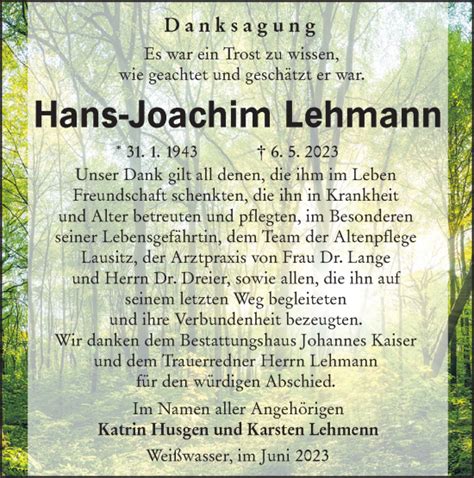 Traueranzeigen Von Hans Joachim Lehmann Lr Online Trauer De