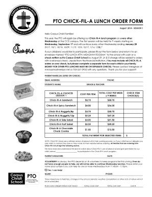 Fillable Online Pto Chick Fil A Lunch Order Form Corpus Christi