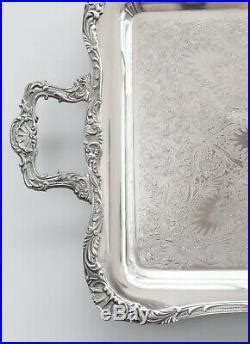 Large Antique Wm Rogers Silver Plate Footed Serving Tray With Handles