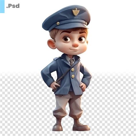 Renderização 3d de um menino chapéu de policial em fundo branco