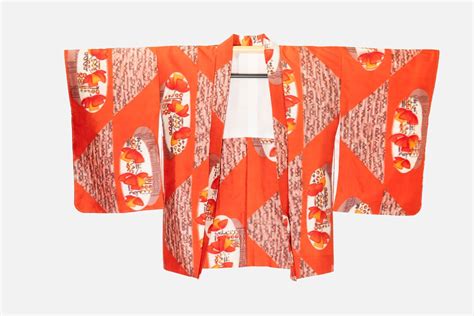 Japanese Vintage Orange Meisen Silk Haori Kimono Jacket With Kasuri