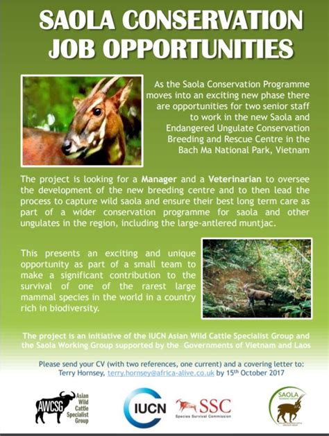 Zoo Jobs: SAOLA CONSERVATION JOB OPPORTUNITIES