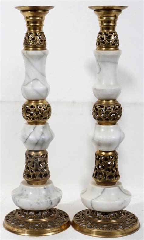 030026 Italian Marble And Brass Candle Holders H 25 Lot 30026