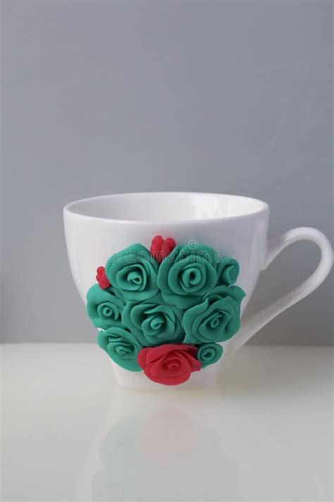 Mug Decorated With Flowers Made Of Polymer Clay Stock Photo Image