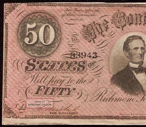 1864 50 Dollar Bill Confederate States Currency Civil War Paper Money Au Unc