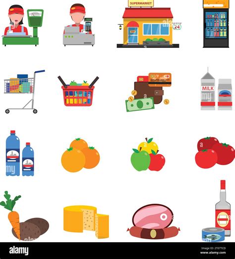 Supermarket Flat Icons Set With Groceries Cash Register And Money