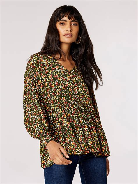 Oversized Ditsy Floral Top Apricot Clothing