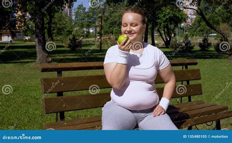 Obese Girl Eating Apple After Jogging Healthy Diet Proper Lunch With