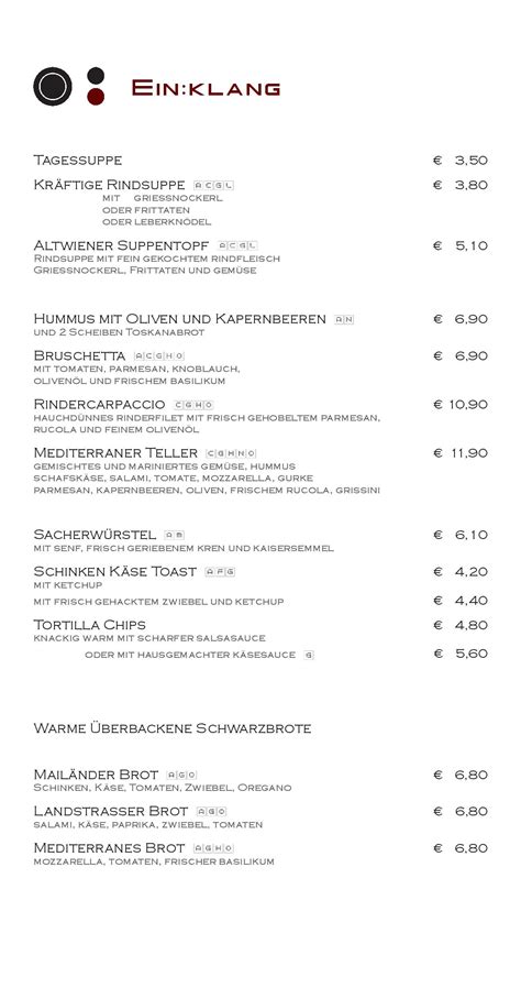 Speisekarte ausklang bar cafe restaurant in Wien ÖsterreichGourmet