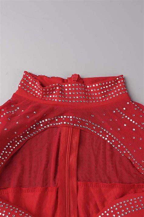 Fashion White Sexy Patchwork Hot Drilling Hollowed Out Half A Turtleneck Long Sleeve Dresses For