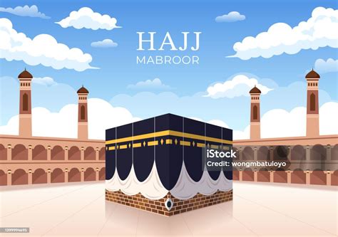 Ilustrasi Kartun Haji Atau Umrah Mabroor Dengan Makkah Kabah Cocok