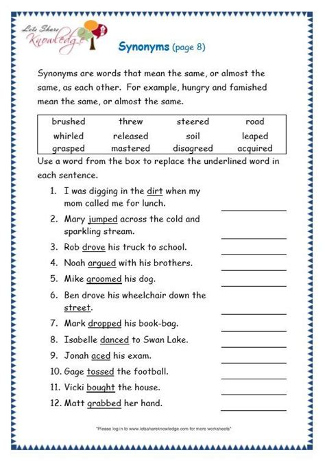 Synonyms Activities For Grade