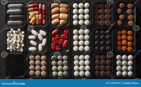 A Bunch Of Different Types And Sizes Of Pills In Black Containers Ai