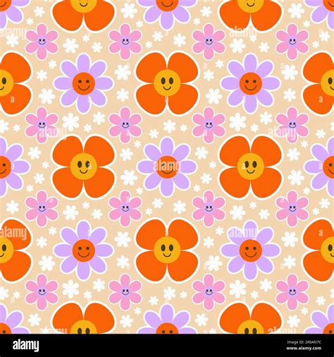 Groovy Flower Seamless Pattern Y K Floral Smile Background Cartoon