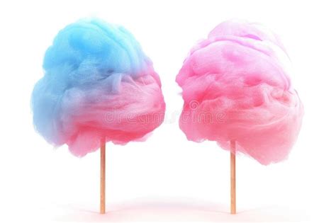 Two Pieces Of Cotton Candy Floss On A Stick Against A White Background