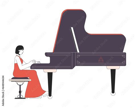 Grand Piano Player Female Line Cartoon Flat Illustration Asian Adult