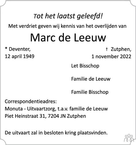 Marc De Leeuw Overlijdensbericht En Condoleances Mensenlinq Nl