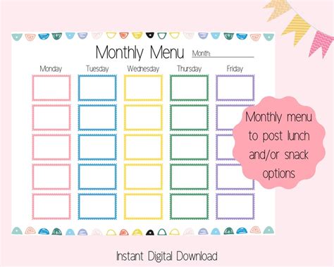 School Lunch Menu Printable Weekly Lunch Menu Template - Etsy