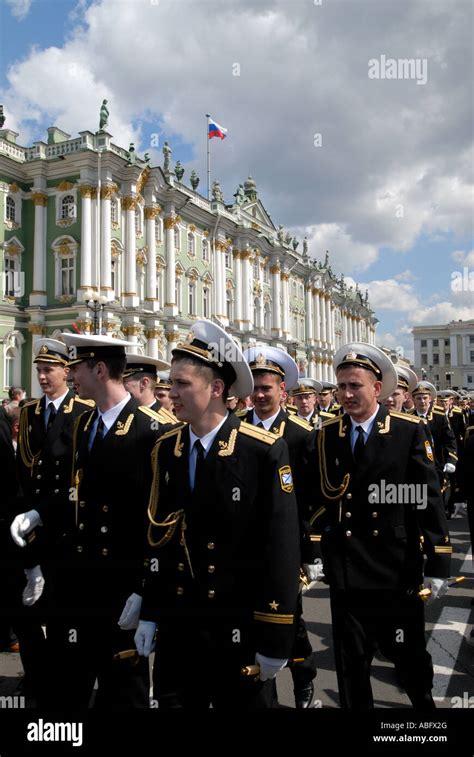 Naval officers parading in front of Winter Palace, St Petersburg Stock ...