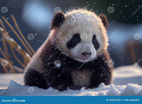 Cute Baby Panda In Snow Winter Illustration Generative Ai Stock