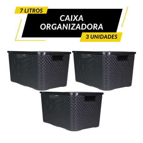 Kit Cesto Caixas Organizadoras Litros Rattan Preta Tampa