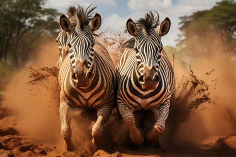 Premium Photo | Two zebras running on the ground in the african bush