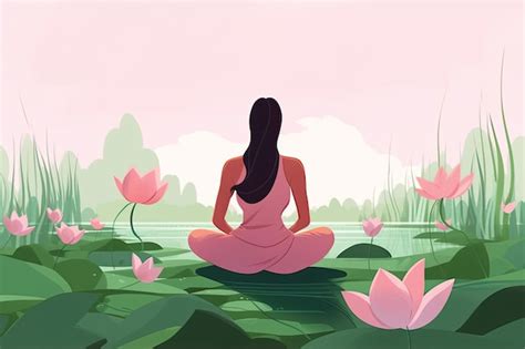 Diseño plano una mujer yoga en un estanque de lotos ilustraciones