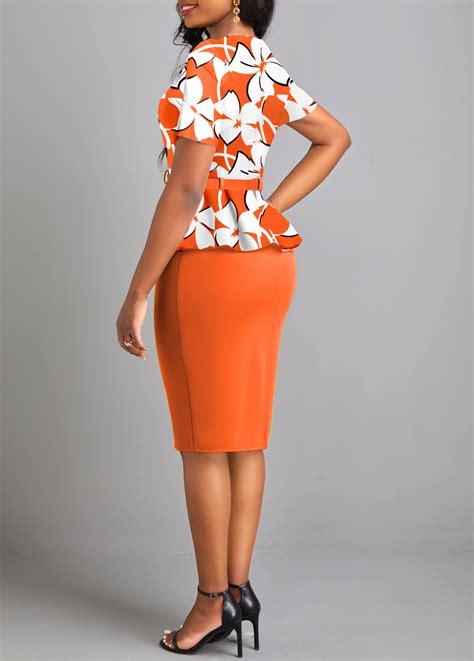 Orange Fake 2in1 Floral Print Belted Bodycon Dress Usd