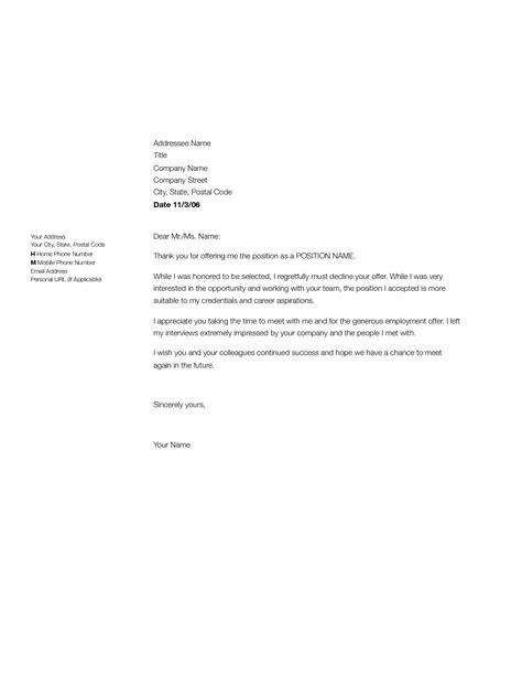 Job Decline Letter Sample Employment Rejection Letter To Let An