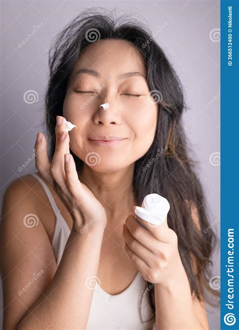 Close Up Beauty Portrait Laughing Beautiful Asian Woman Applying Face