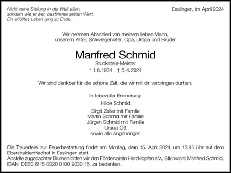 Traueranzeigen Von Manfred Schmid Zeit Des Gedenkens De