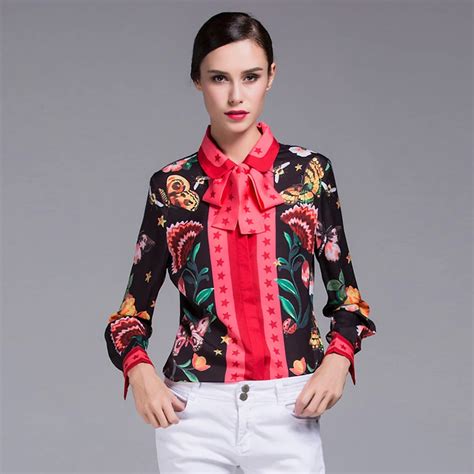 Women Silk Blouse Print Real Silk Satin Women Blouses Bow Tie Collar