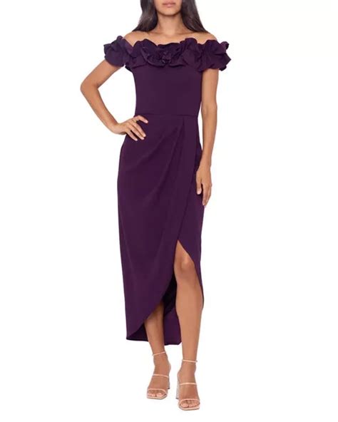 Xscape Womens Side Ruched Ruffle Details Scuba Crepe Gown In At