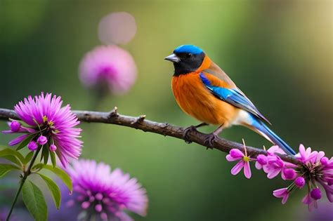 Um P Ssaro Peito Azul E Laranja Est Sentado Em Um Galho Flores