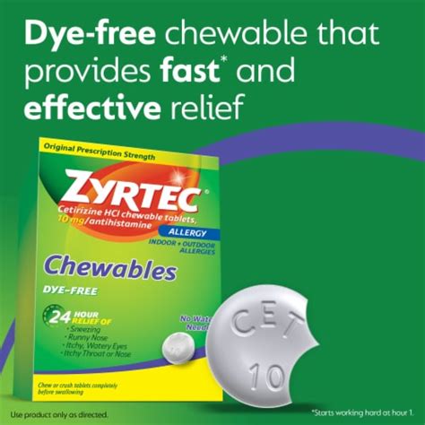 Zyrtec 24 Hour Allergy Relief Dye-Free Chewable Tablets Cetirizine HCl, 24 ct - Fry’s Food Stores