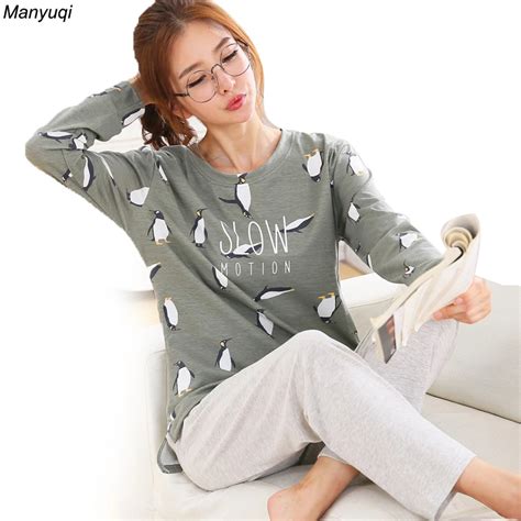 Autumn Pajamas Women Cartoon Long Sleeve Round Neck Home Suit Simple