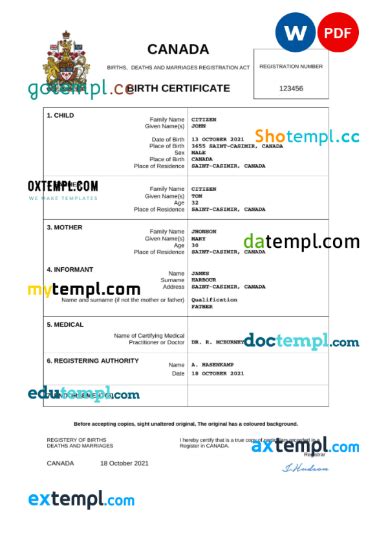 Canadian Birth Certificate Word And Pdf Example Completely Editable Mytempl