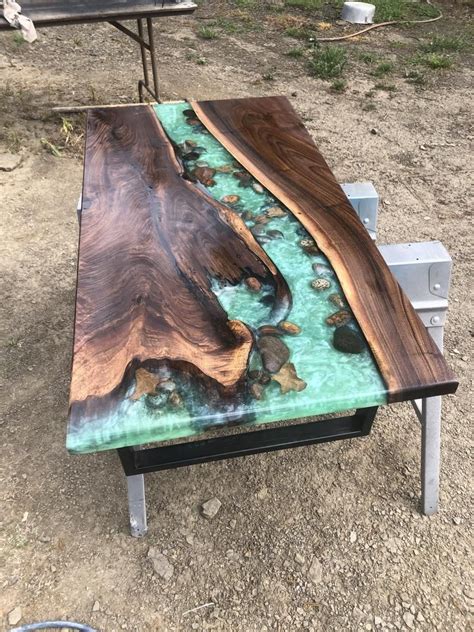 Live Edge Walnut River Table With Stones And Leaves Etsy Artofit