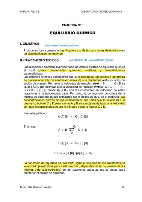 Practica 6 Equilibrio Examen Practica Nº 6 Equilibrio QuÍmico I