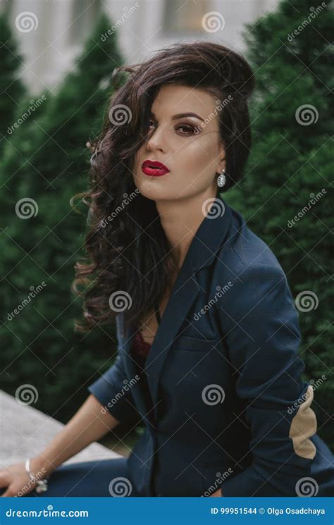 Stylish Fashionable Brunette In Blue Suit In The City Fashion Photo Stock Photo Image Of