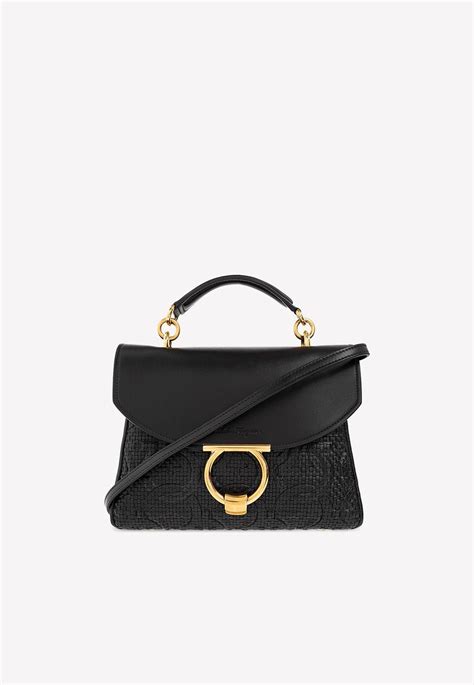 Ferragamo Small Margot Gancini Embossed Top Handle Bag In Black Lyst