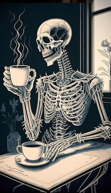 Premium Ai Image A Skeleton Drinking Coffee And Holding A Cup Of Coffee